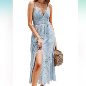 SIMPLEE Pale Blue Maxi Dress w/ Eyelet Detail, Faux Pearl Buttons & Front Slit